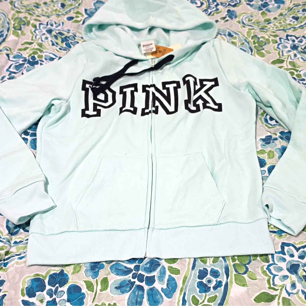 PINK Victoria's Secret Women's Full Zip Fleece Hoodie Logo Pockets Blue M